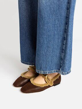 LARROUDE Verona Ballet Flat In Cocoa Leather And Natural Shearling - Size 8